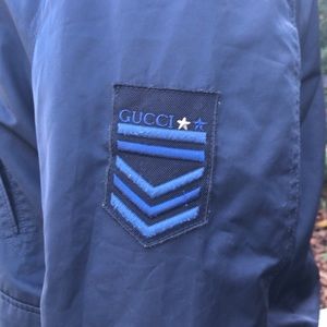 GUCCI Mens Web Bomber RARE  blue GUCCI emblem patch on shoulder fully lined
